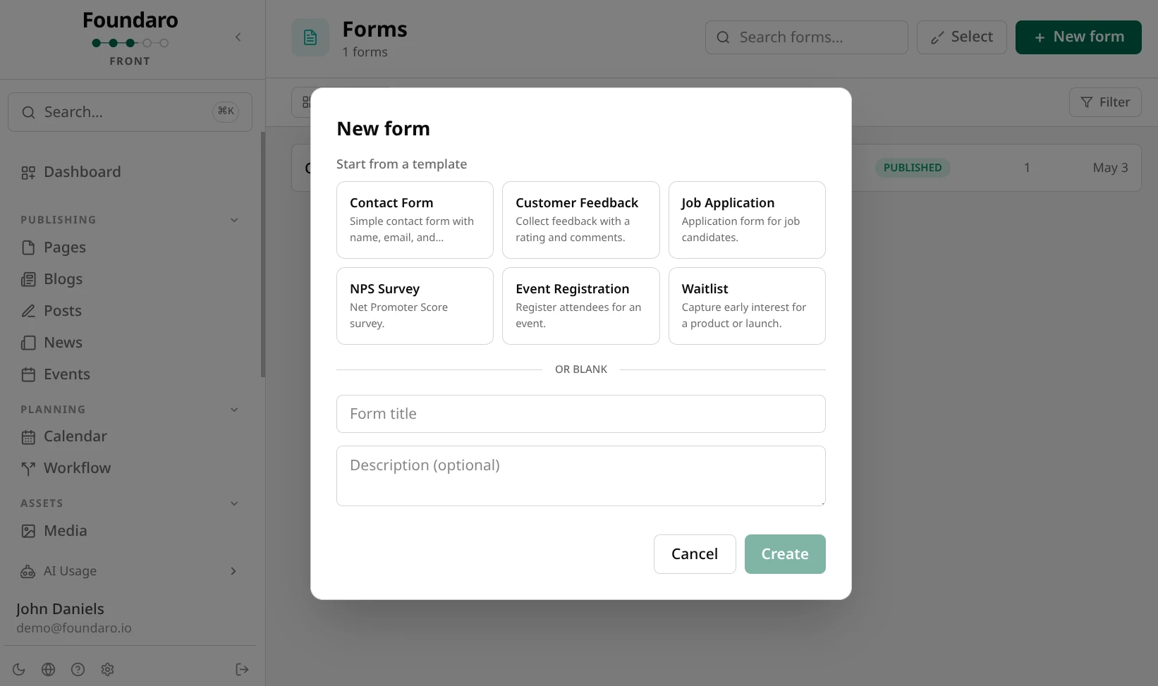 Foundaro Spokes form builder with fields, validation, and submission management