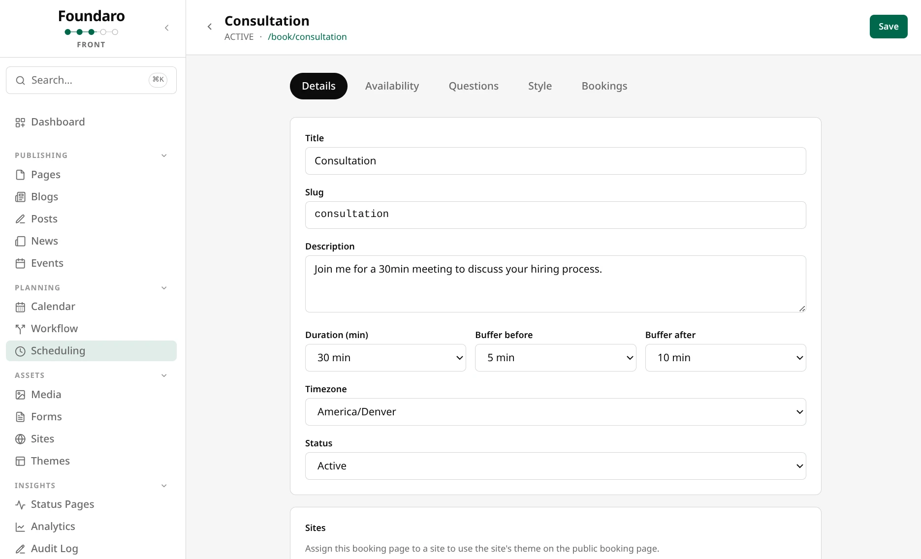 Foundaro Spokes scheduling with booking pages, availability, and confirmation emails
