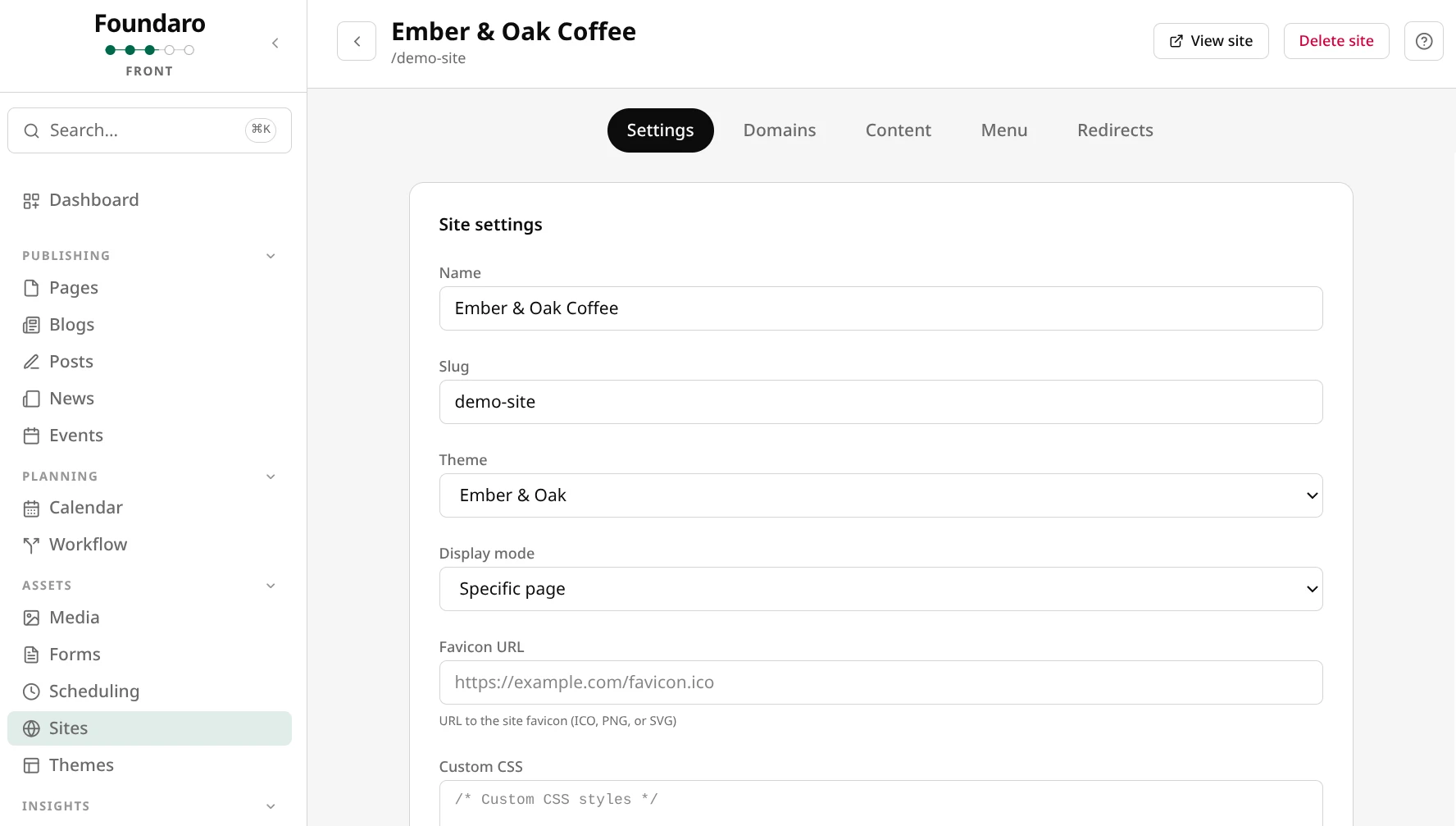 Foundaro Spokes site management with themes, domains, menus, and content assignment