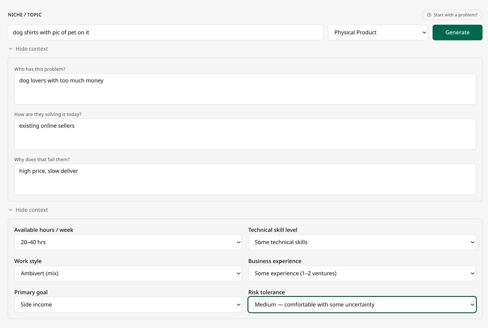 Foundaro step 1 capture context screen with structured business inputs